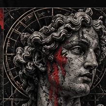 Escultura clásica con tinta roja